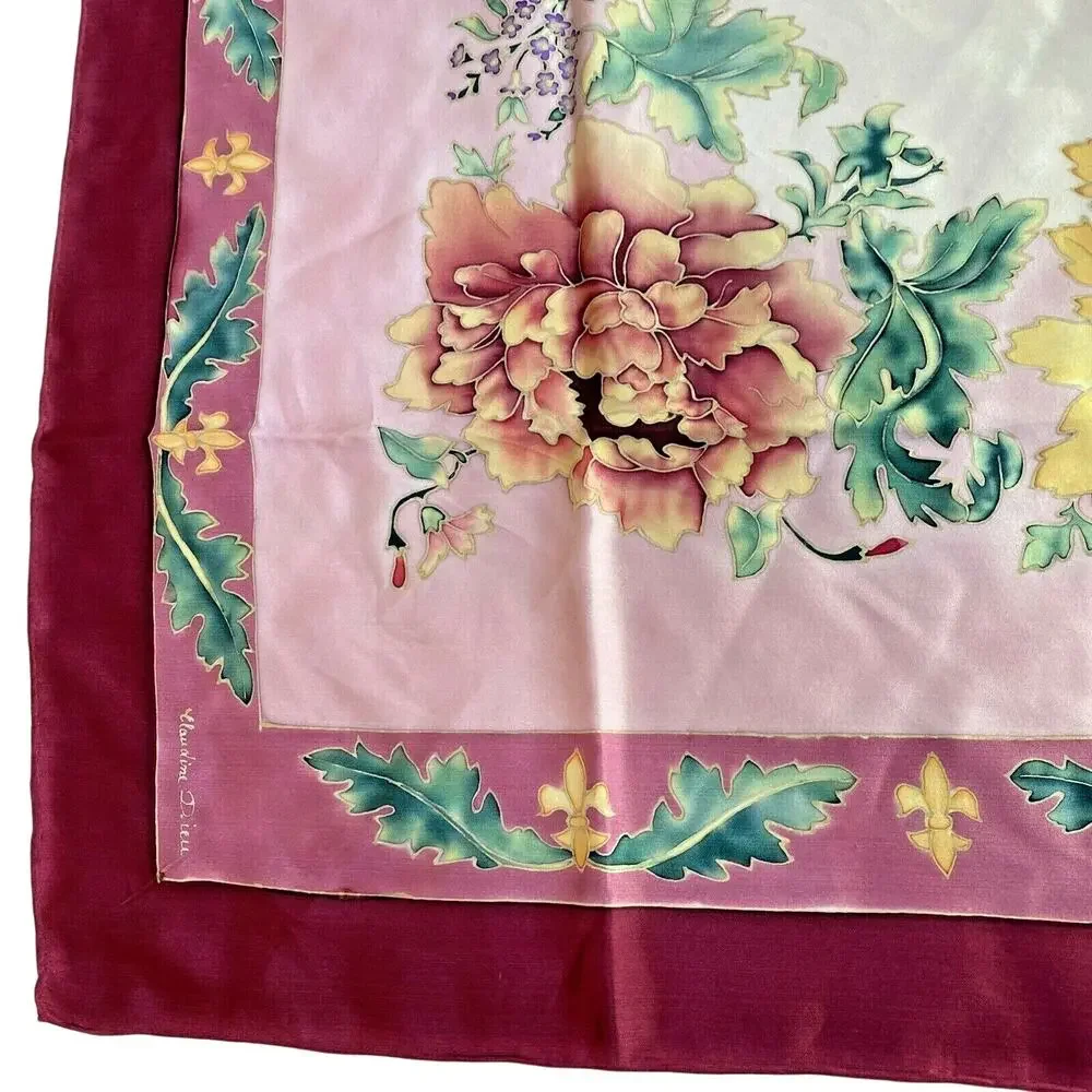 Claudine Dieu hand painted silk scarf 34” square Asian florals pink red yellow